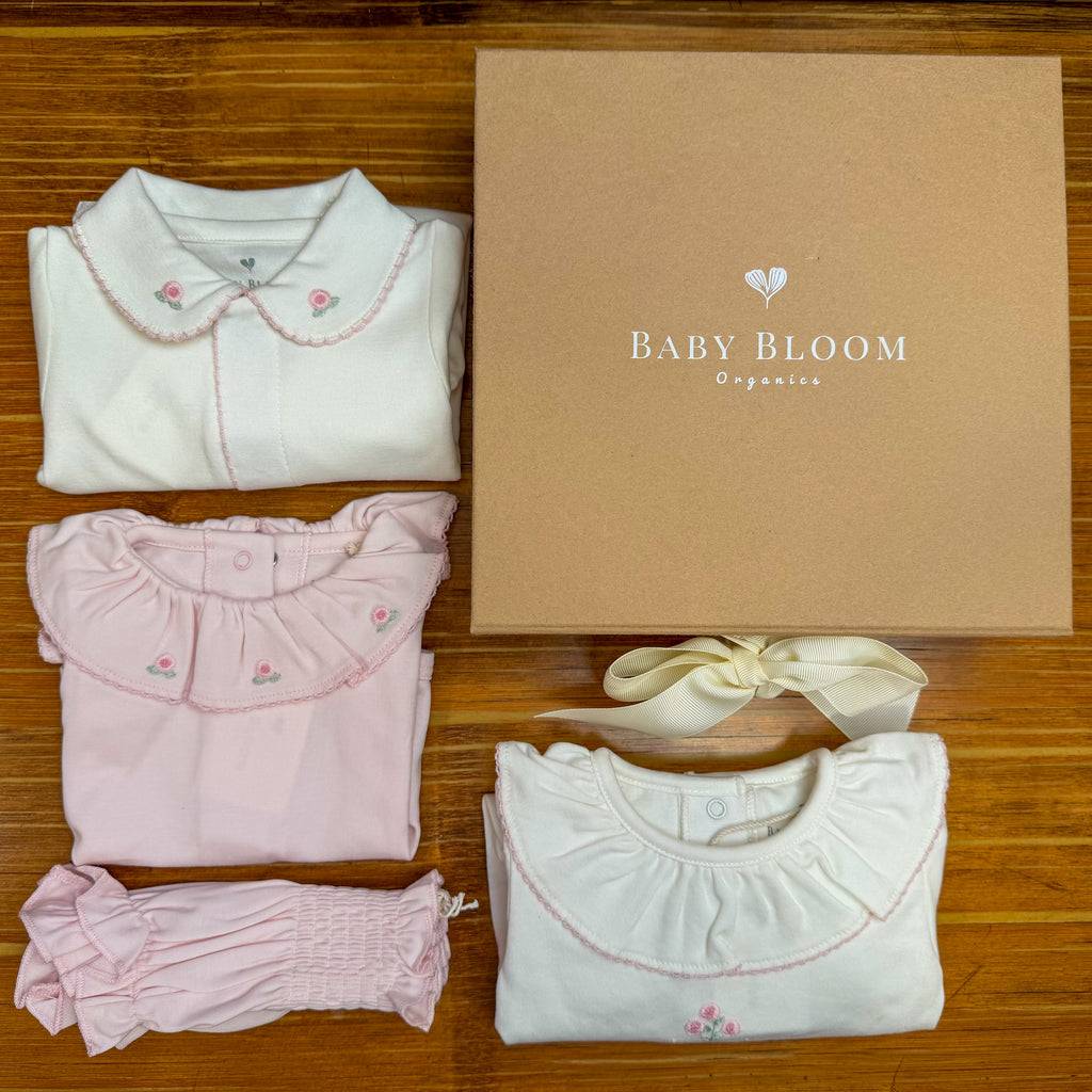 Baby girl gift set with pink peony embroidery in Peruvian Pima cotton