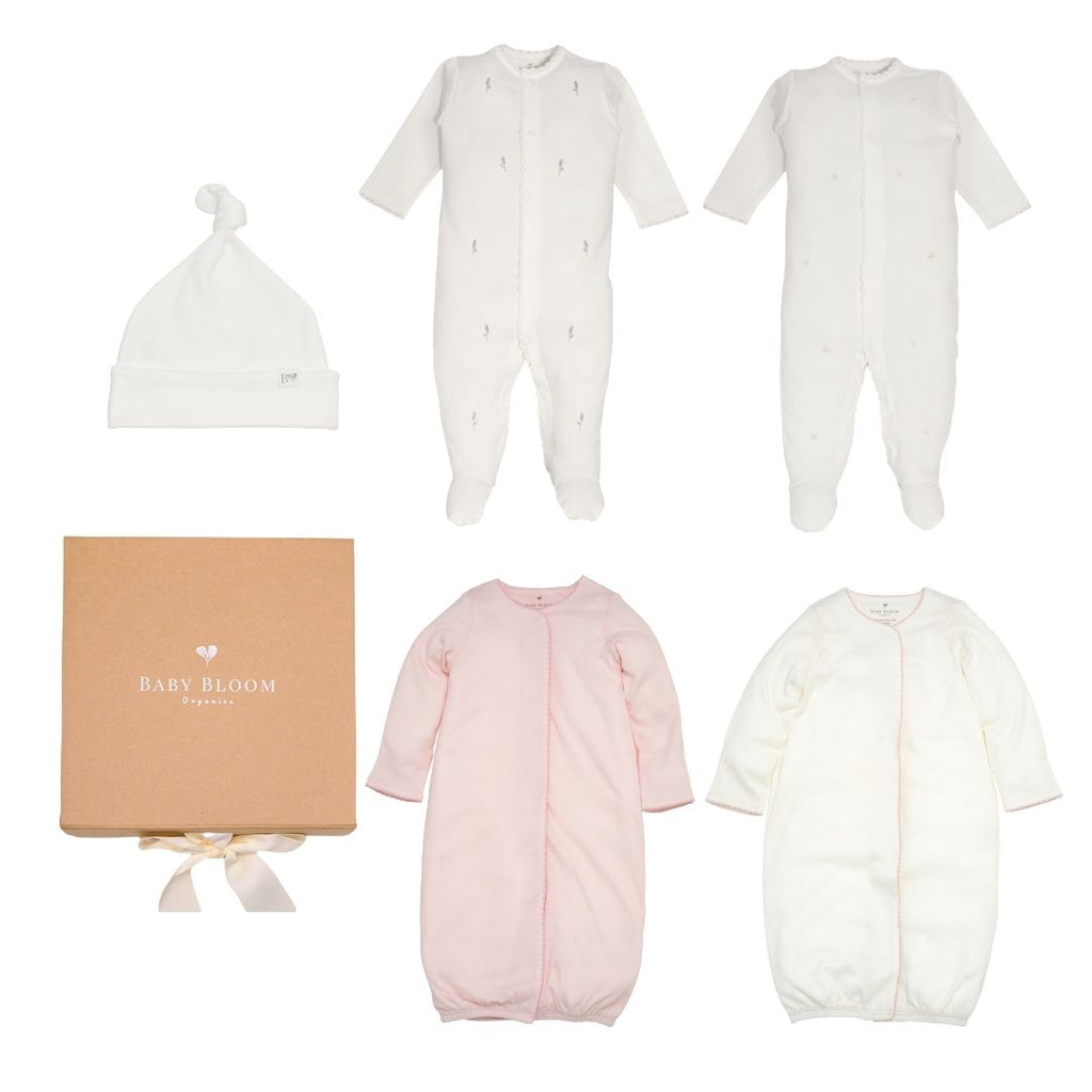 Organic preemie girl gift set box with floral embroidered footies and gowns NICU friendly baby clothing.