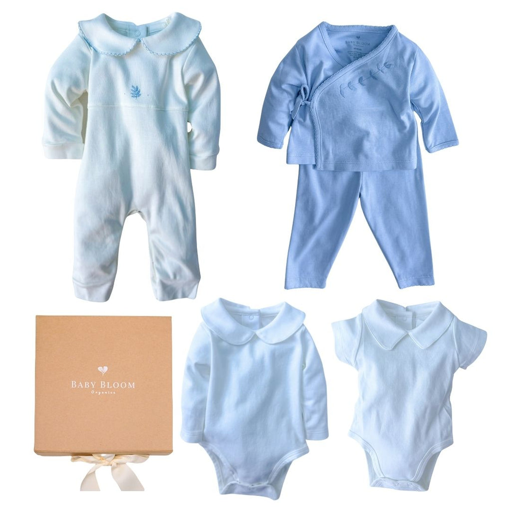 Baby boy gift set with blue olive embroidery in Peruvian Pima cotton