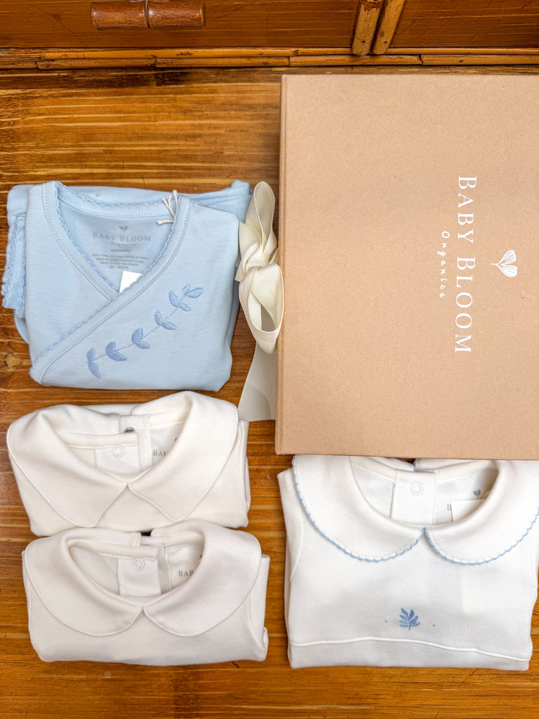 Baby boy gift set with blue olive embroidery in Peruvian Pima cotton
