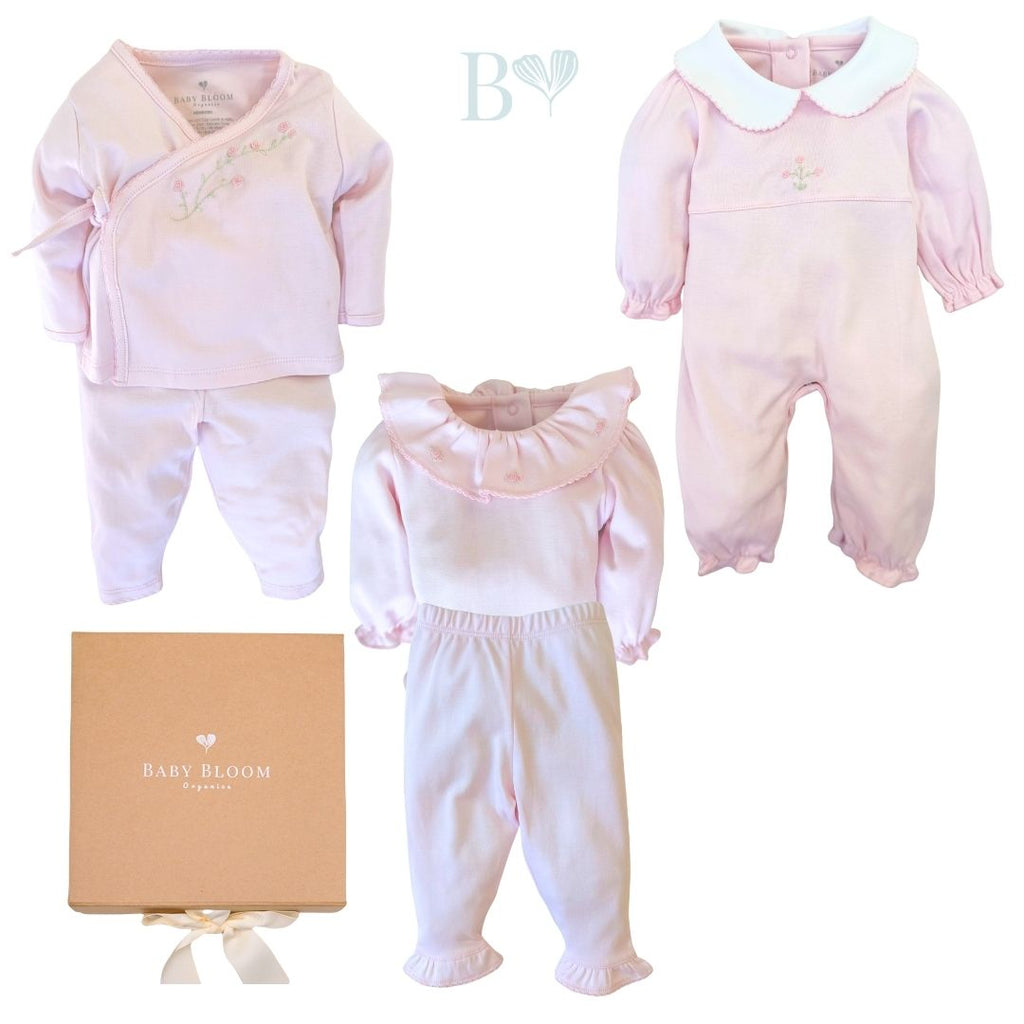 Baby girl gift set with hand-embroidered rose details in Peruvian Pima cotton