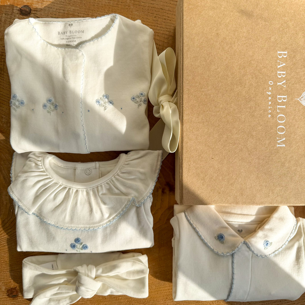 Baby girl gift set with blue peony embroidery in organic Pima cotton