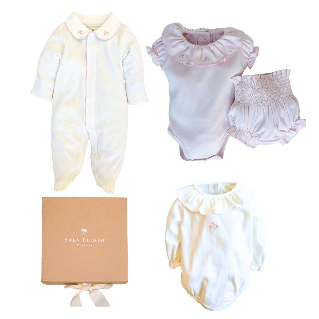 Baby girl gift set with pink peony embroidery in Peruvian Pima cotton