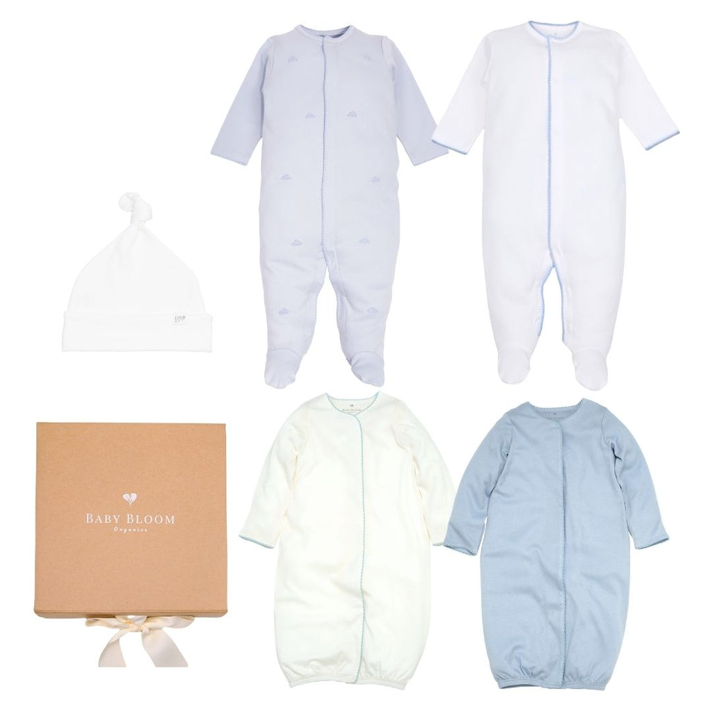 Organic preemie gift set for baby boys with blue cloud embroidery and gowns