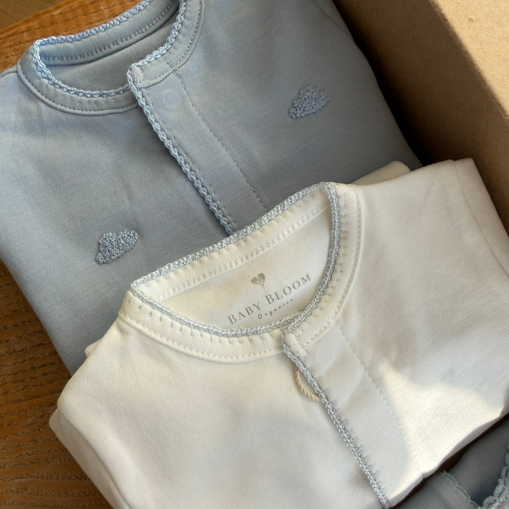 Organic preemie gift set for baby boys with blue cloud embroidery and gowns