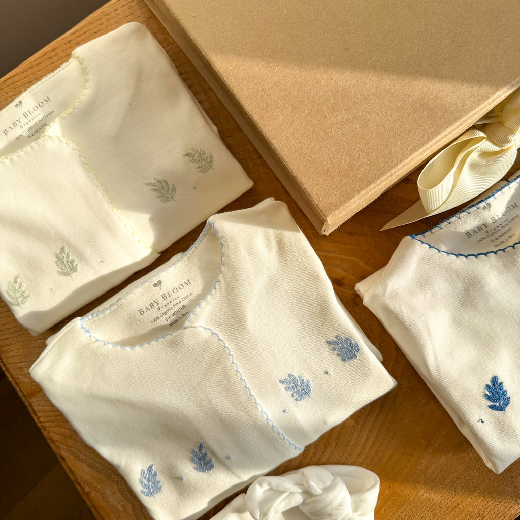 Organic preemie sleep gown set with olive leaf hand embroidery and knotted hat